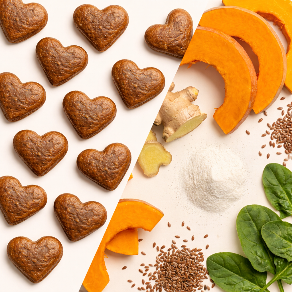 Heart-shaped digestive chews and natural ingredients